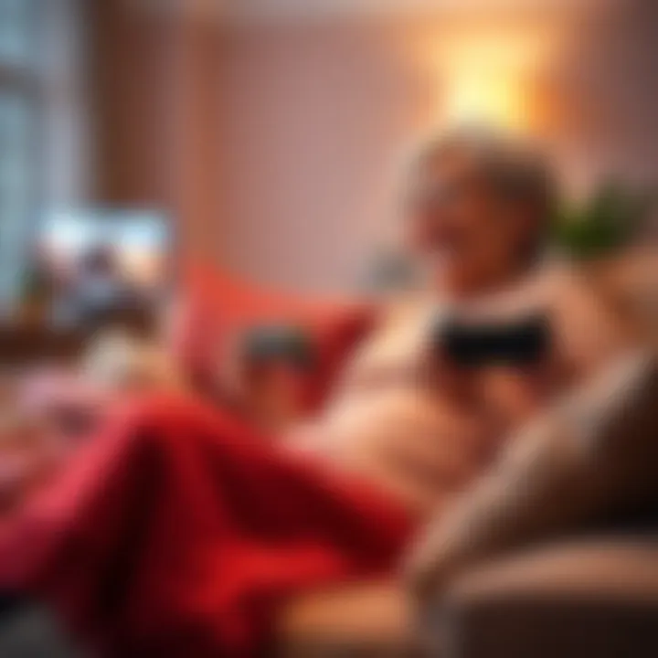 Woman playing video games A 45-year-old woman sitting on a couch, joyfully playing an action-adventure video game on her Xbox, with a cozy blanket and snacks nearby.
