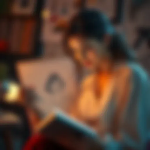 A woman sketches a character on paper, showing traits of real women's essence through her art.