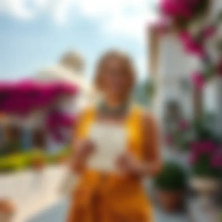 Woman dressed as Jason in Rhodes A woman wearing playful attire inspired by Jason stands in a scenic Rhodes setting, smiling while holding a family tree document. Behind her, traditional Greek architecture and vibrant flowers are vis...