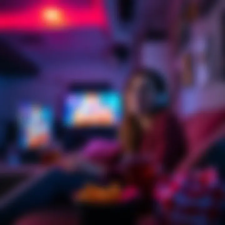 Woman Enjoying Gaming A woman smiles as she plays Split Fiction on a gaming console, surrounded by snacks and drinks, showcasing a cozy gaming setup.