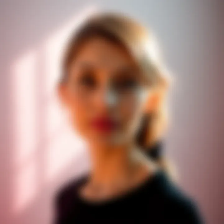 A woman stands in soft light, showing how it enhances her facial features with highlights and shadows