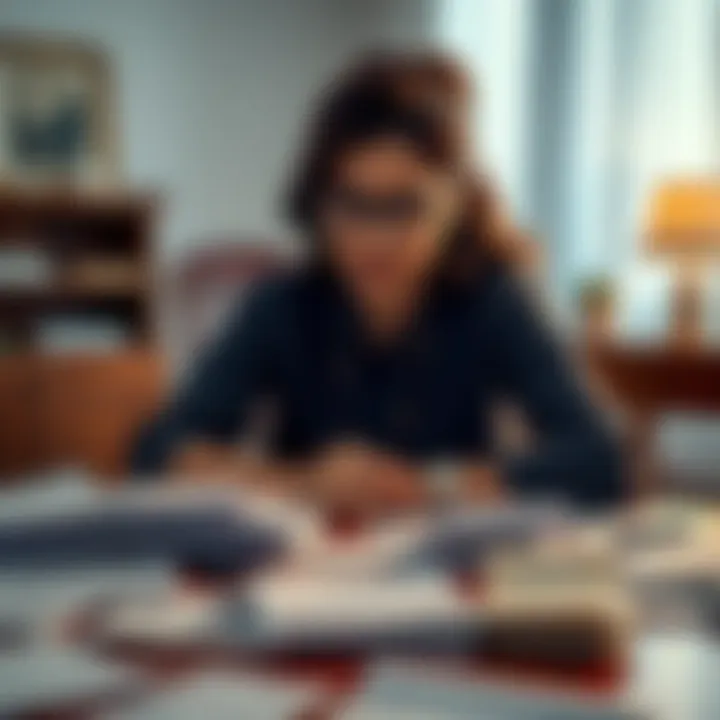 A woman sits at a table with bills and documents scattered around, showing signs of stress and worry regarding her financial situation.