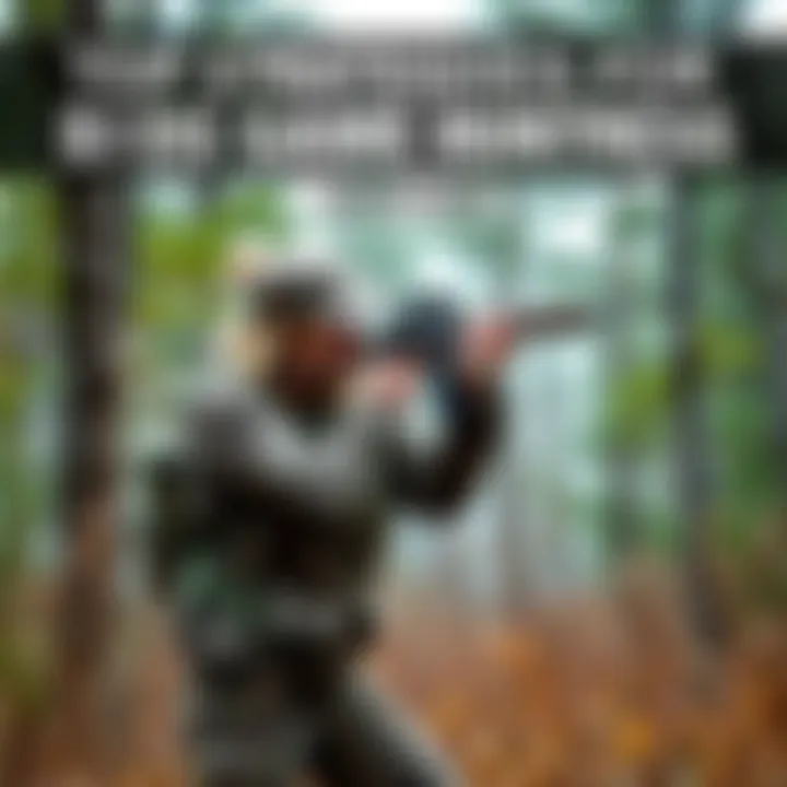 A woman in camouflage gear aiming a rifle while standing in a forested area, ready for big game hunting.