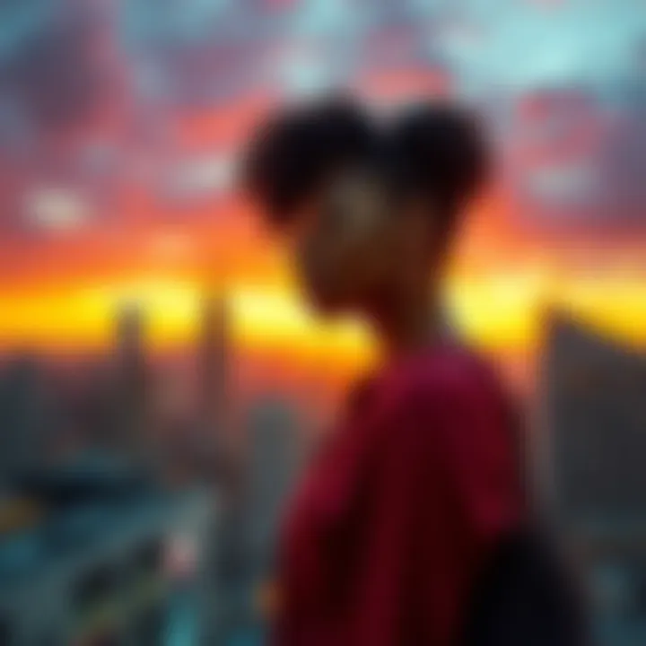 A woman stands thoughtfully, looking out over a cityscape, contemplating her identity in relation to race.