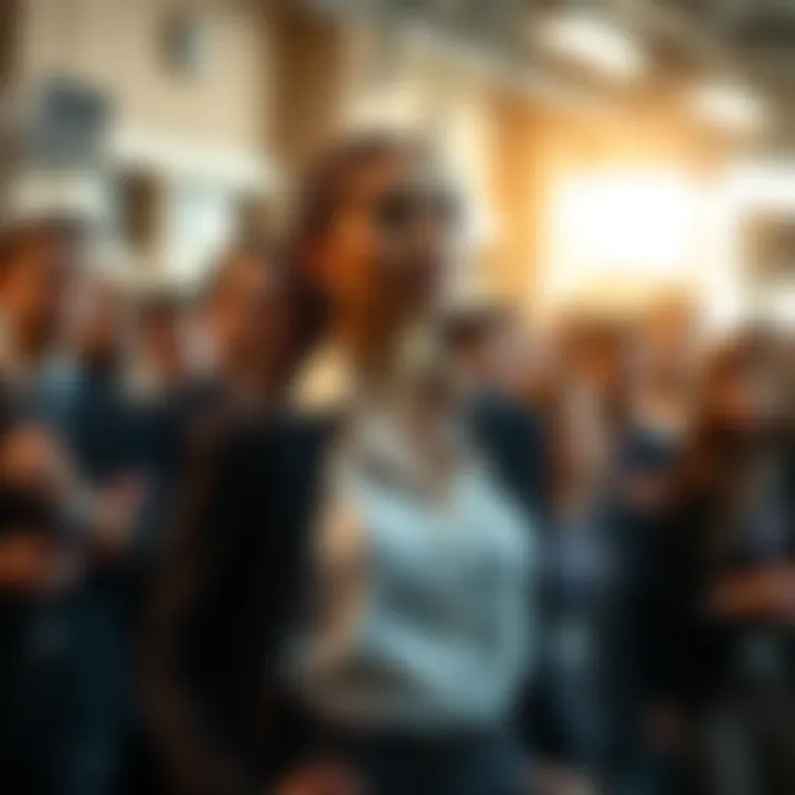 Woman influencing society A woman standing confidently in front of a crowd, sparking conversations and debates about her actions, with diverse expressions on people's faces.