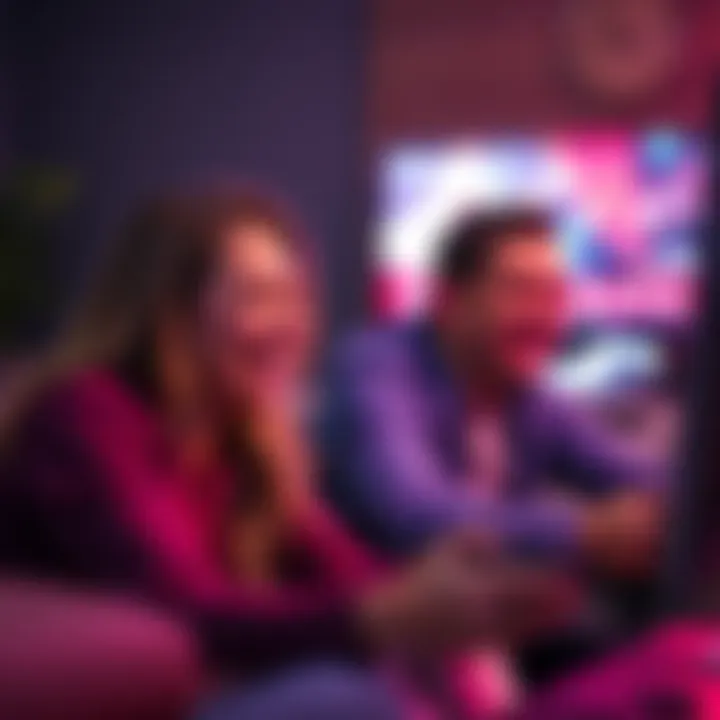 A woman laughs joyfully as her husband shows a scared expression while playing a video game for the first time