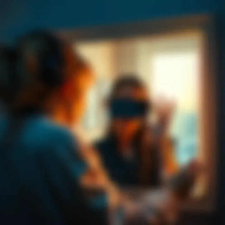 Woman looking at a mirror with filters A woman gazes at her reflection in a mirror, applying digital filters, feeling overshadowed by family.