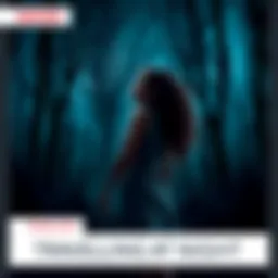 Woman on a night journey A woman walking through a dark forest, looking back cautiously as shadows loom around her, representing her troubled past and unseen dangers.