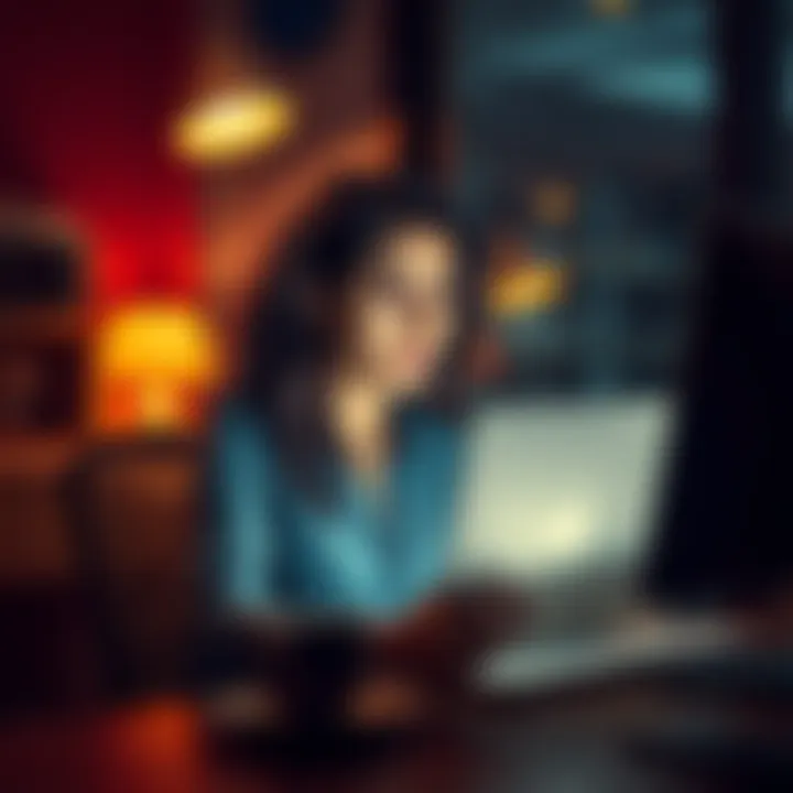 A woman sitting at her computer looking frustrated while reading strange comments on social media.