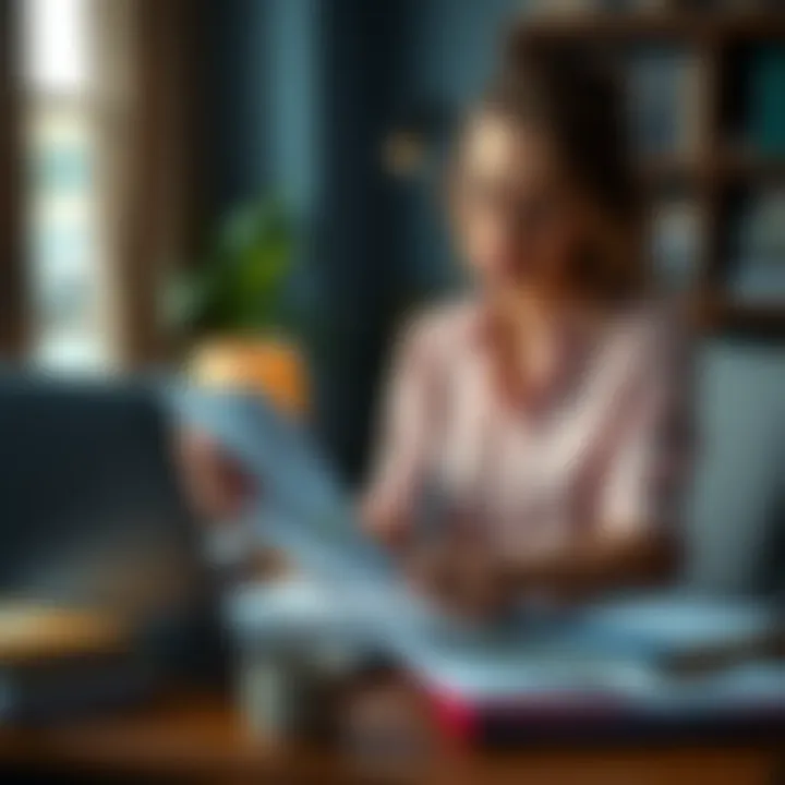 A woman sitting at a desk with papers and a laptop, looking thoughtfully at a notepad filled with plans, showing a mix of determination and worry.