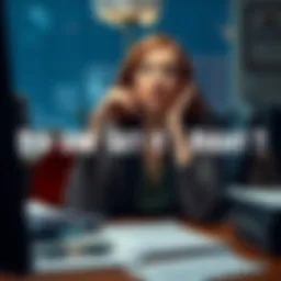 A woman sitting at a desk, contemplating her choices with a thoughtful expression and notes scattered around.