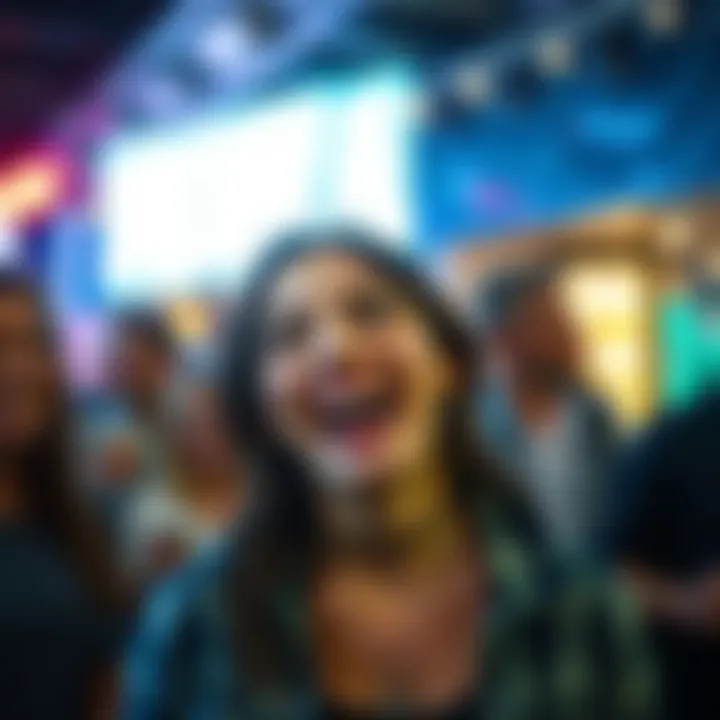 Woman smiling with surprise A woman expressing surprise and happiness, embodying the phrase 'woah mama' in a lively social setting.