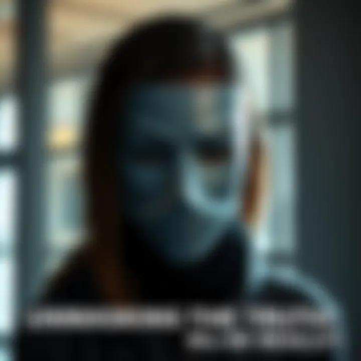 A woman wearing a mask, revealing only her eyes, standing in a dimly lit room with a conflicted expression. Shadows play on the walls around her.