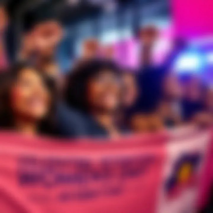 Women Celebrating Together A diverse group of women smiling and celebrating International Women's Day with raised fists and banners of empowerment