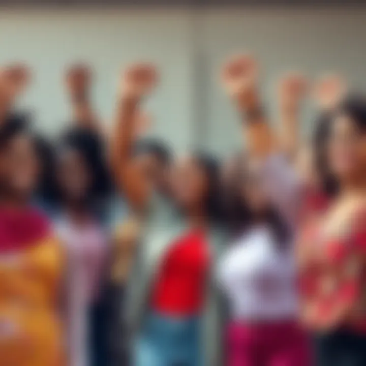 A group of diverse women standing together, smiling and raising their fists in solidarity, symbolizing empowerment and equality.