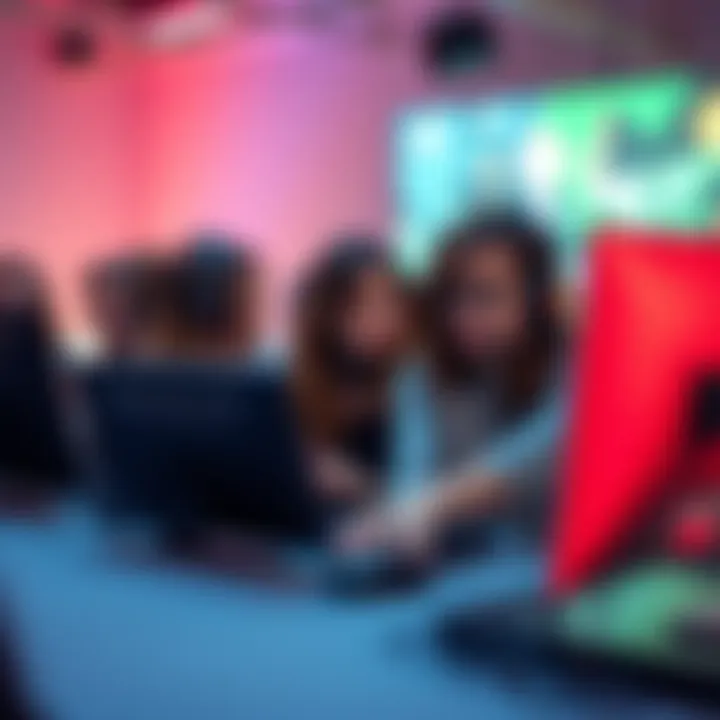 Women Gamers Connecting Online A group of women in their 30s gaming together on their computers, focused and engaged in competitive play, showcasing camaraderie and teamwork.