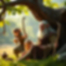 A wood elf family showing different life stages: a child elf playing with a toy, a young adult practicing archery, and an elderly elf sharing stories under a tree.