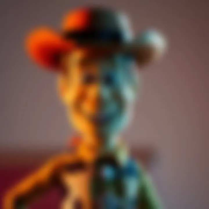 Woody, the cowboy doll, smiles while standing with his hat and sheriff badge, showcasing his friendly personality.