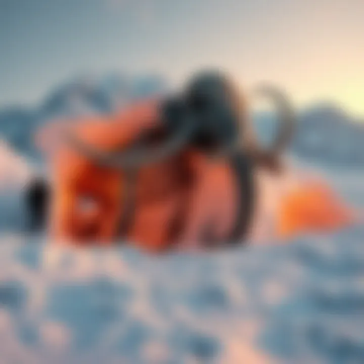 Woolly Mammoth Discovery A woolly mammoth skeleton partially buried in ice, with researchers examining it in a snowy landscape.