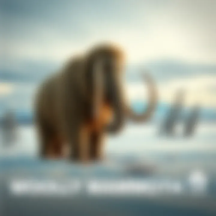 Woolly Mammoth in a Cold Landscape A woolly mammoth stands in a snowy environment, showcasing its long hair and large tusks, surrounded by a few trees and a distant view of mountains.