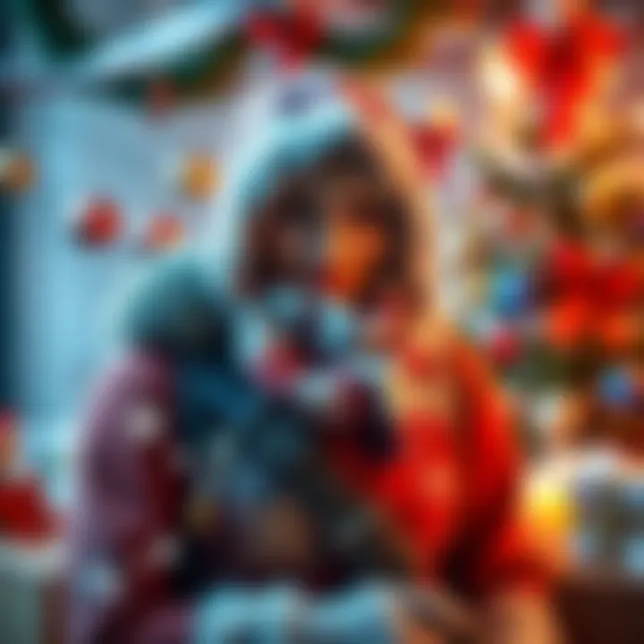 A festive character wearing the Wooltide Tracer skin surrounded by Christmas decorations and snowflakes