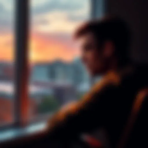 A tired worker gazes out an office window, reflecting on the end of vacation and the return to daily work life.