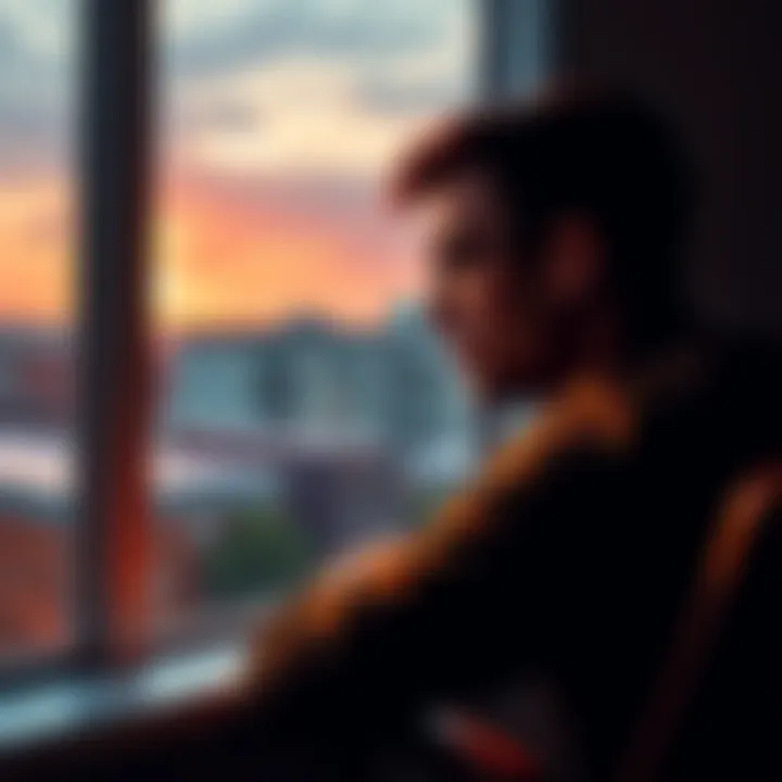 A tired worker gazes out an office window, reflecting on the end of vacation and the return to daily work life.
