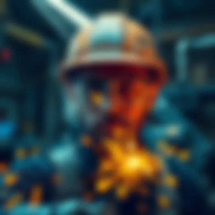 A worker in a workshop wearing safety glasses with sparks flying around from machinery.