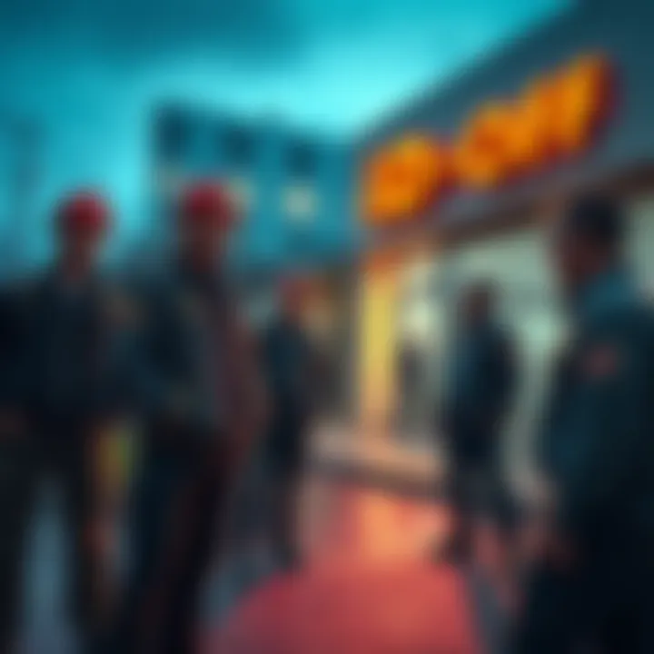 A group of laid-off workers standing outside the id Software office, looking concerned and discussing their situation.