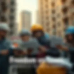 A group of workers looking worried as they review bills and discuss high rent prices in an urban setting.