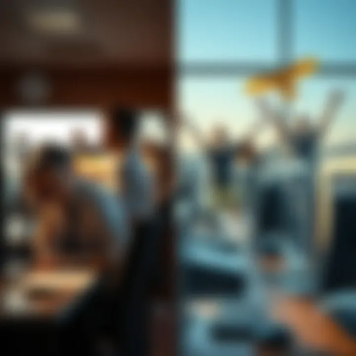 A split scene showing exhausted workers at their desks and carefree people enjoying fun activities outside