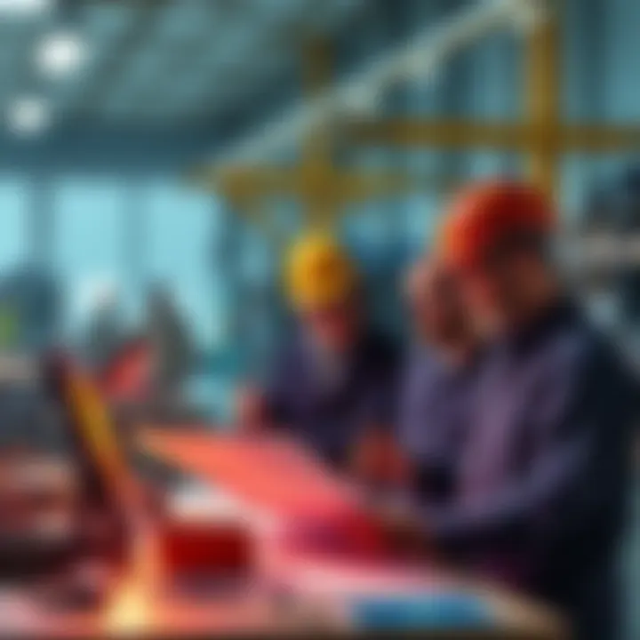 Workers discuss changes in workshop locations, looking at plans and tools to improve productivity.