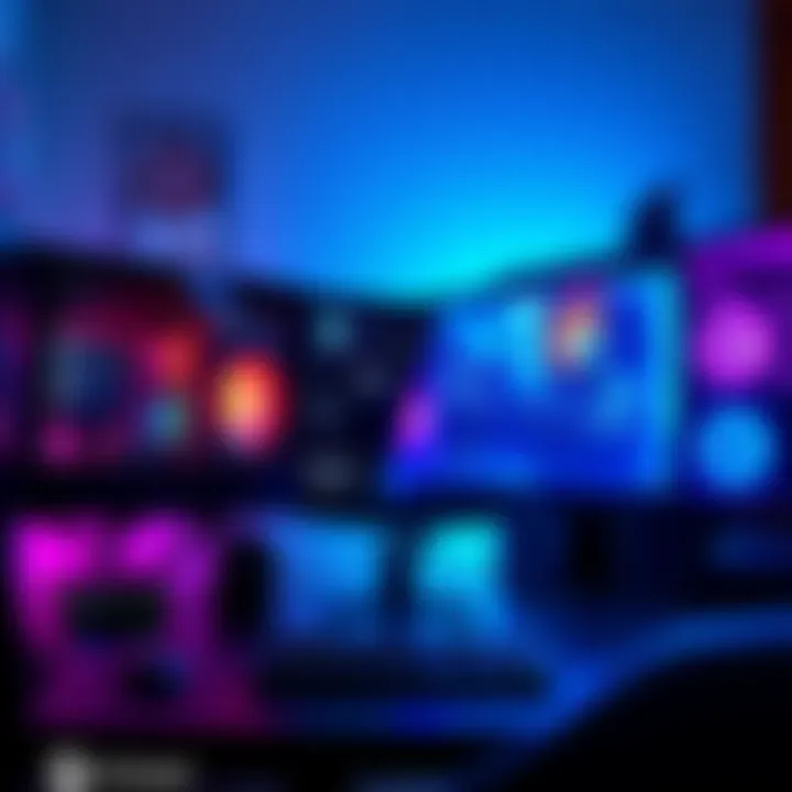 A split screen showing a workstation with productivity tools on one side and a gaming computer with vibrant games on the other side.