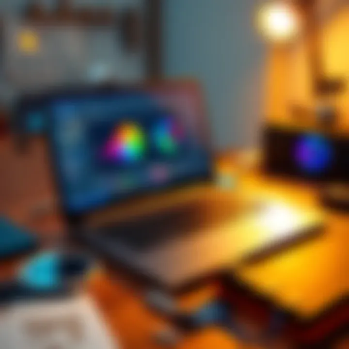 A high-performance laptop displaying a graphic design software interface, set on a desk with design tools around it