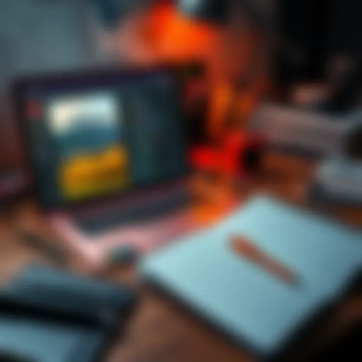 A desk scene featuring worldbuilding tools including a laptop with software open, a notebook, and pens scattered around.