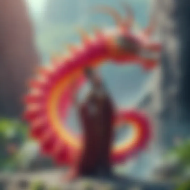 A large, 15-20ft tall worm naga lady, showcasing vibrant colors and intricate designs, standing in a natural setting