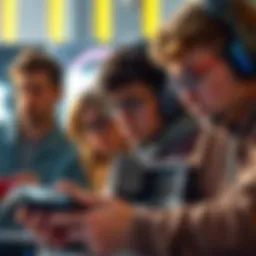 A group of gamers discussing their concerns about high prices of next gen PlayStation and Xbox consoles, looking at their devices with expressions of worry.