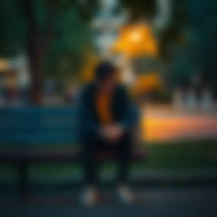 A person sits on a bench with a worried expression, hands on their knees, surrounded by a park setting, showing feelings of anxiety.