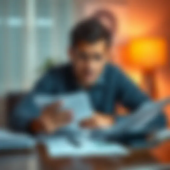 Individual sitting at a table with bills and calculator, showing a worried expression about financial issues