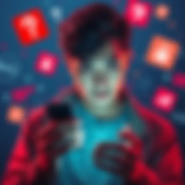 A person with a concerned expression holding a smartphone, surrounded by symbols of data and privacy issues, reflecting anxiety about information use.