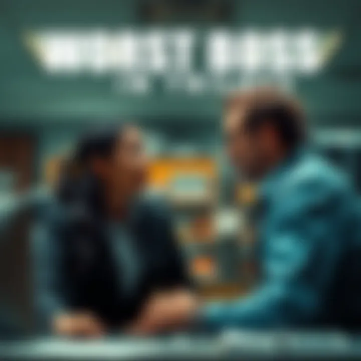 A frustrated employee confronting a stern boss in a dramatic office scene.