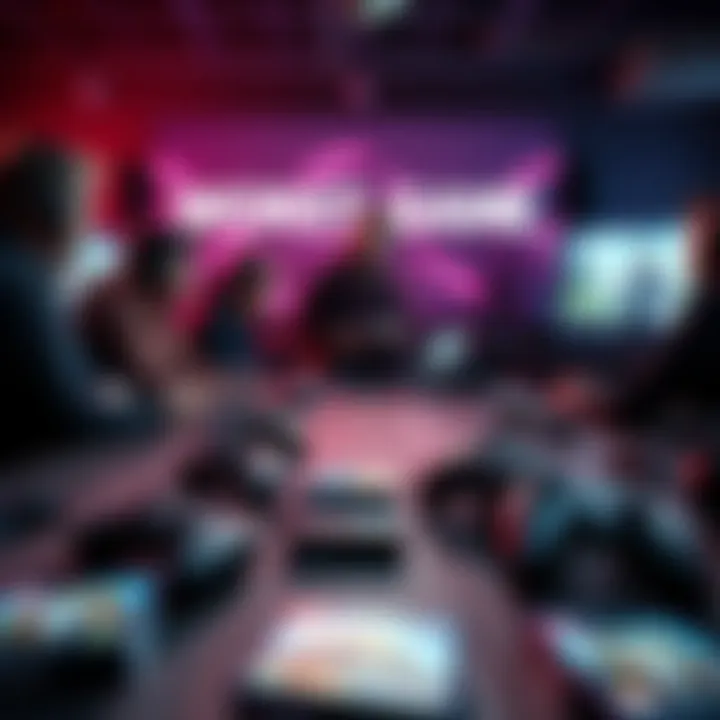 Group of gamers discussing and debating over a table with video game controllers and game boxes
