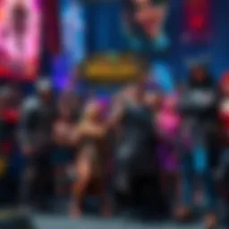 World of Warcraft Community Gathering A group of gamers in fantasy costumes celebrating at a World of Warcraft event, surrounded by game posters and merchandise.