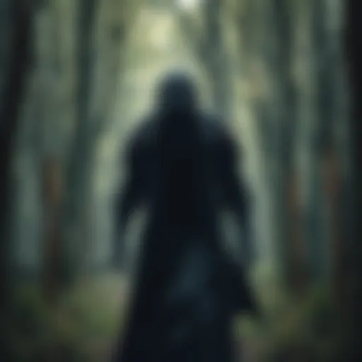 A menacing figure representing Wraith, shrouded in shadow, poised in a spooky forest setting, symbolizing tension in a killer versus survivor scenario.