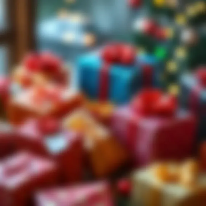 A collection of colorful wrapped Christmas gifts with bows and tags, ready for giving