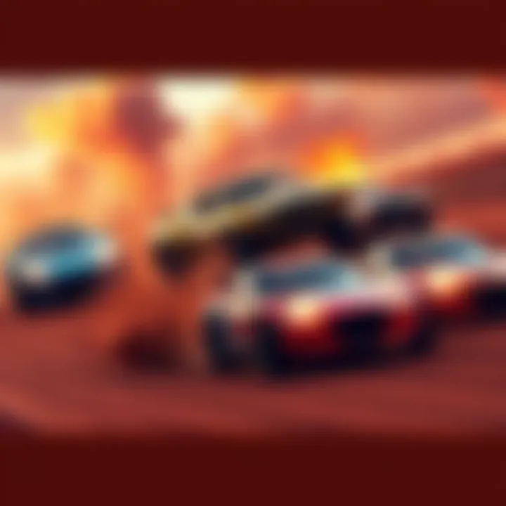 A chaotic racing scene from Wreckfest with cars crashing and racing on a dirt track