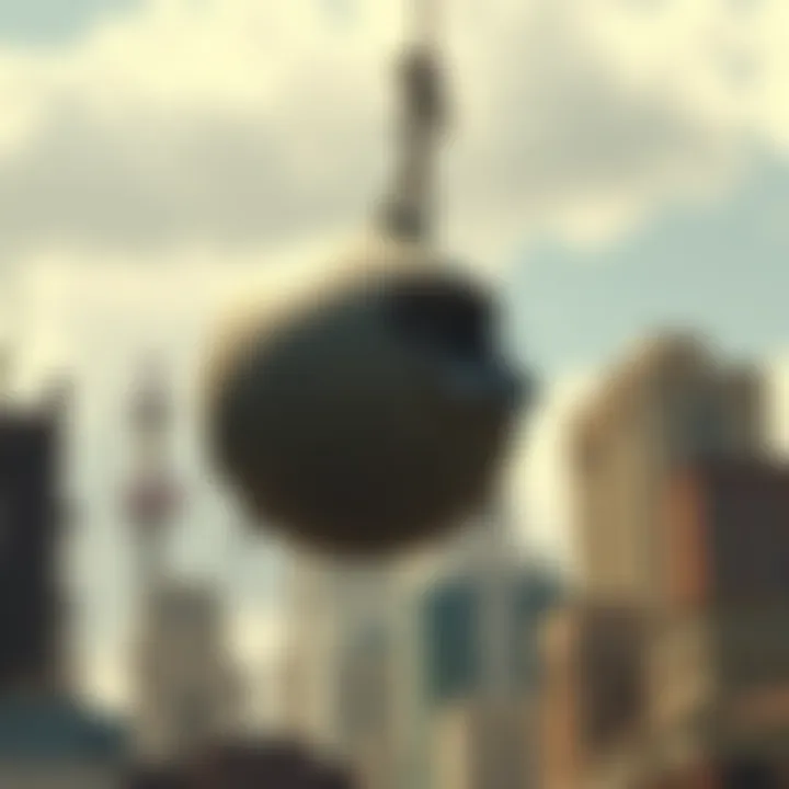 A large wrecking ball swings over various buildings symbolizing its impact on industries and communities.