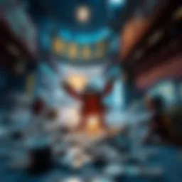Wrecking an In-Game Economy A character causing chaos in a virtual marketplace, spilling coins and disrupting trade while other characters look on in shock.
