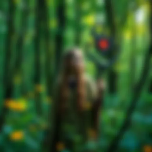 Wren Weatherwax, a witch druid, stands surrounded by lush greenery, holding a staff with magical symbols, showcasing her connection to nature.