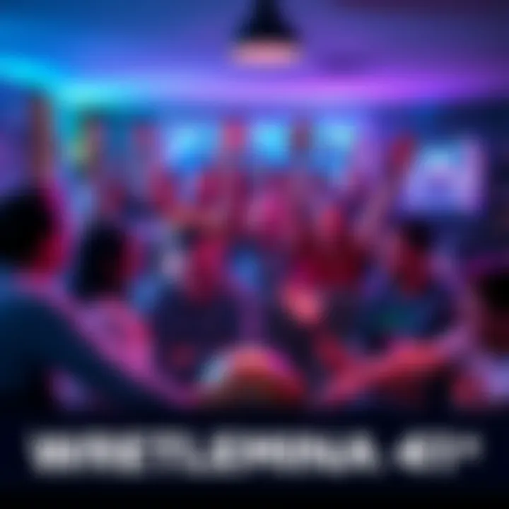 A group of wrestling fans excitedly discussing predictions for Wrestlemania 41 in a crowded living room setting